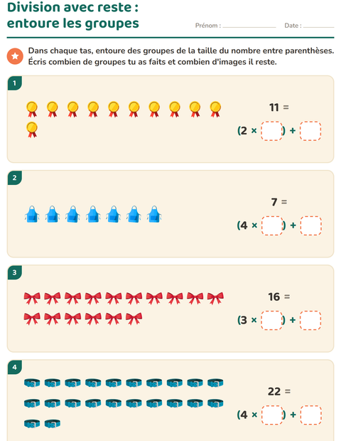 Aperçu de la fiche Division avec reste avec Accessoires pour CE2 (cours élémentaire 2)