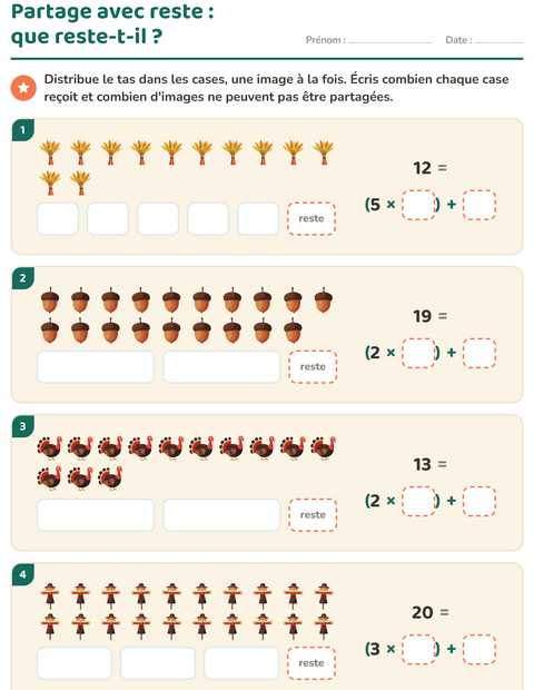 Aperçu de la fiche Division avec reste avec Action de grâce pour CE2 (cours élémentaire 2)