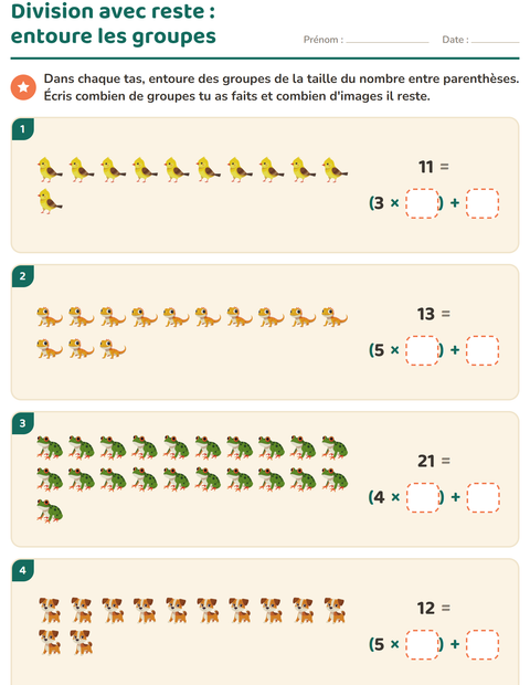 Aperçu de la fiche Division avec reste avec Animaux de compagnie pour CE2 (cours élémentaire 2)