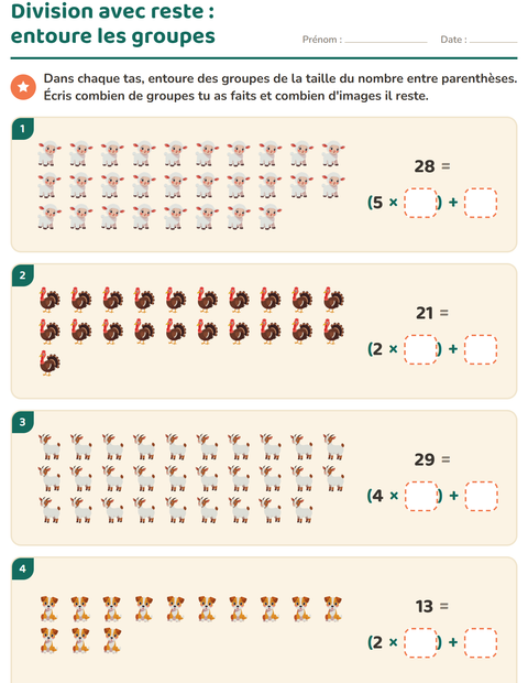 Aperçu de la fiche Division avec reste avec Animaux de la ferme pour CE2 (cours élémentaire 2)