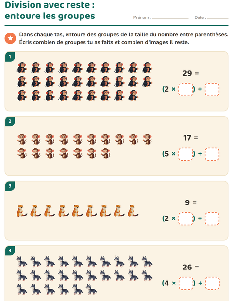 Aperçu de la fiche Division avec reste avec Animaux du zoo pour CE2 (cours élémentaire 2)