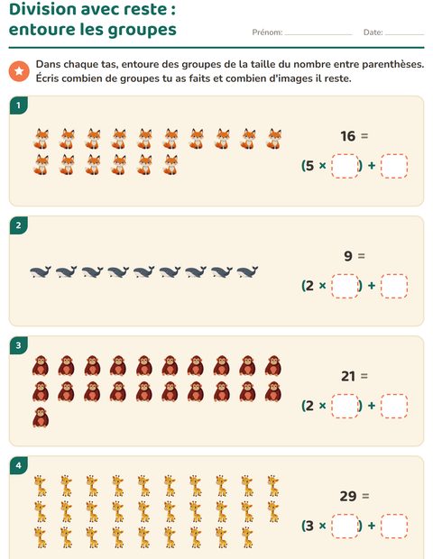 Aperçu de la fiche Division avec reste avec Animaux pour CE2 (cours élémentaire 2)