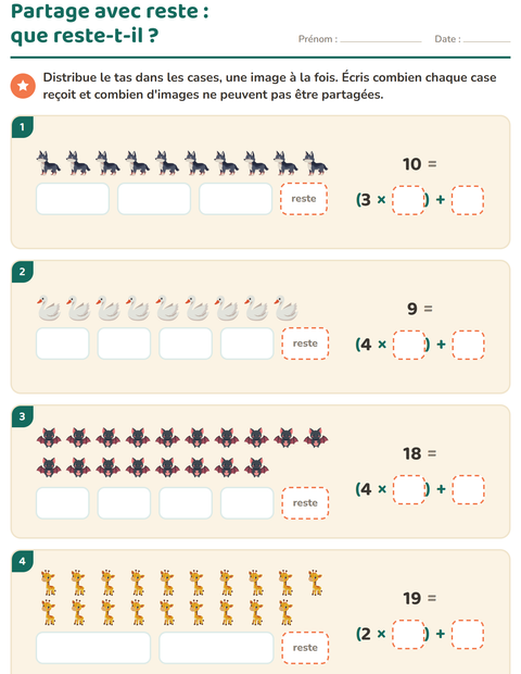 Aperçu de la fiche Division avec reste avec Animaux pour CE2 (cours élémentaire 2)