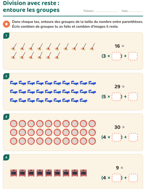 Aperçu de la fiche Division avec reste avec Autour de la maison pour CE2 (cours élémentaire 2)