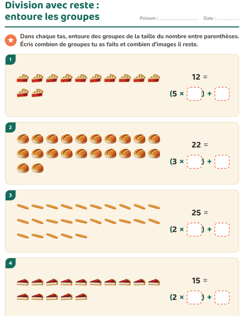 Aperçu de la fiche Division avec reste avec Boulangerie pour CE2 (cours élémentaire 2)