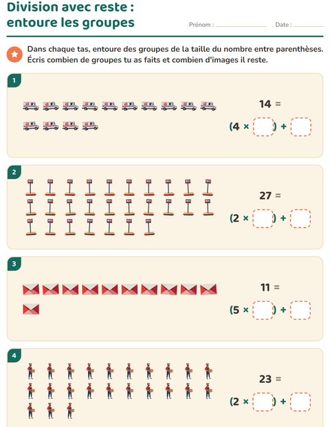 Aperçu de la fiche Division avec reste avec Bureau de poste pour CE2 (cours élémentaire 2)