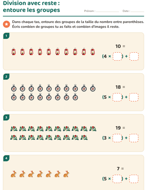Aperçu de la fiche Division avec reste avec Camping pour CE2 (cours élémentaire 2)