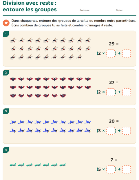 Aperçu de la fiche Division avec reste avec Choses qui volent pour CE2 (cours élémentaire 2)