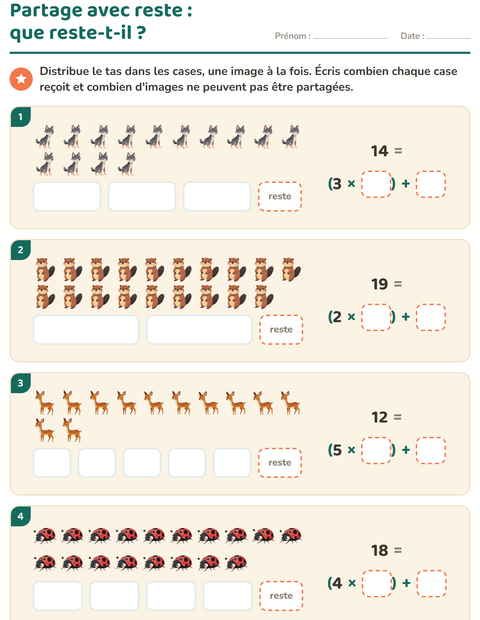 Aperçu de la fiche Division avec reste avec Créatures de la forêt pour CE2 (cours élémentaire 2)