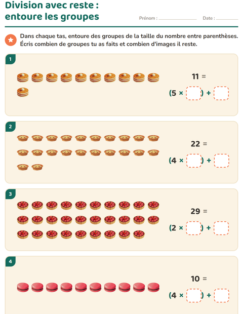 Aperçu de la fiche Division avec reste avec Desserts et sucreries pour CE2 (cours élémentaire 2)