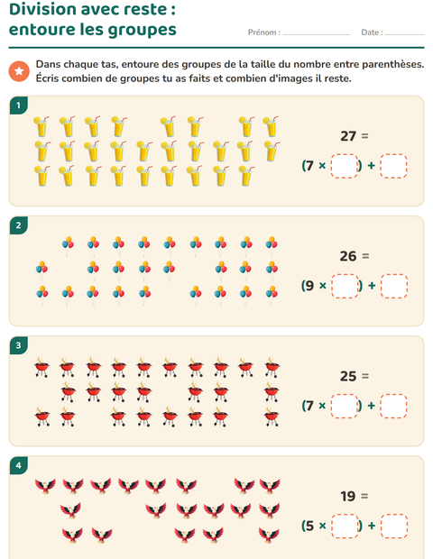 Aperçu de la fiche Division avec reste avec 4 juillet pour CE2 (cours élémentaire 2)
