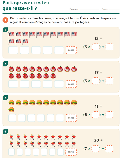 Aperçu de la fiche Division avec reste avec 4 juillet pour CE2 (cours élémentaire 2)