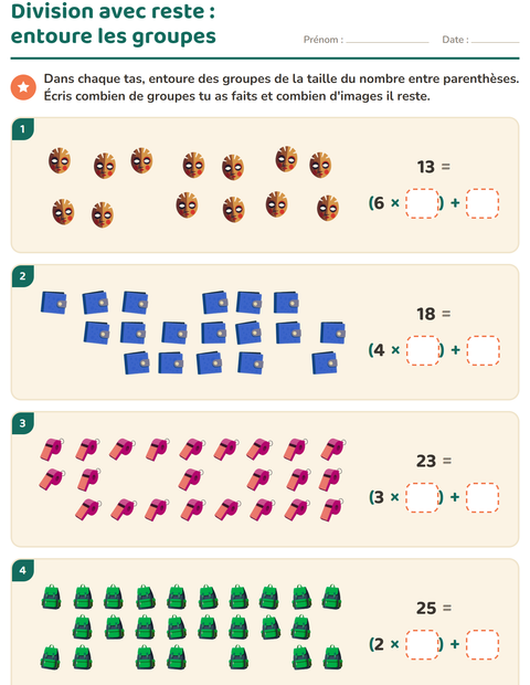 Aperçu de la fiche Division avec reste avec Accessoires pour CE2 (cours élémentaire 2)