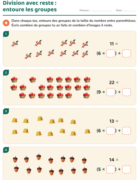 Aperçu de la fiche Division avec reste avec Action de grâce pour CE2 (cours élémentaire 2)