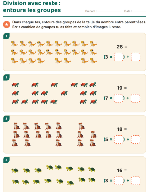 Aperçu de la fiche Division avec reste avec Animaux de compagnie pour CE2 (cours élémentaire 2)
