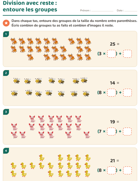 Aperçu de la fiche Division avec reste avec Animaux de la ferme pour CE2 (cours élémentaire 2)