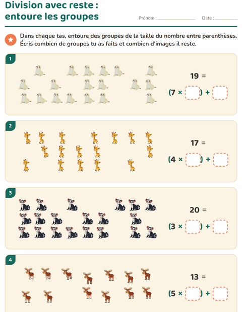 Aperçu de la fiche Division avec reste avec Animaux du zoo pour CE2 (cours élémentaire 2)
