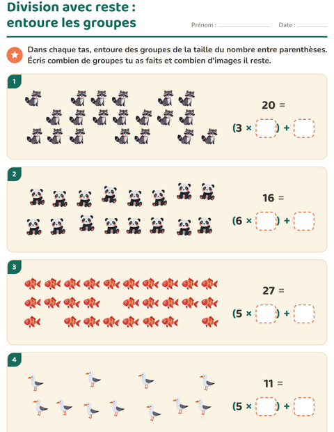 Aperçu de la fiche Division avec reste avec Animaux pour CE2 (cours élémentaire 2)