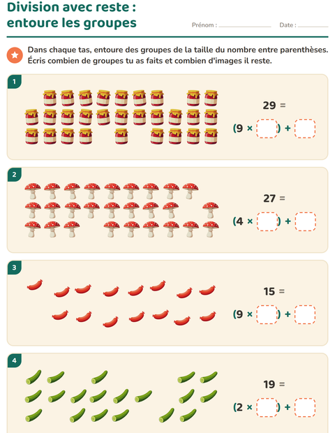 Aperçu de la fiche Division avec reste avec Au supermarché pour CE2 (cours élémentaire 2)