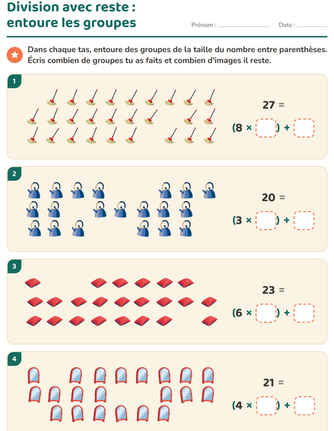 Aperçu de la fiche Division avec reste avec Autour de la maison pour CE2 (cours élémentaire 2)