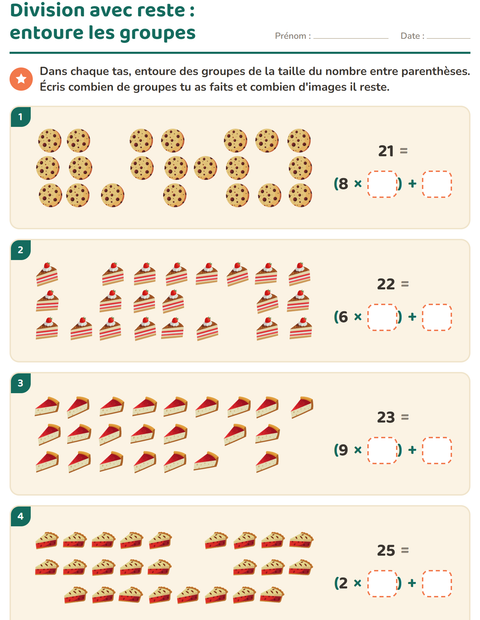 Aperçu de la fiche Division avec reste avec Boulangerie pour CE2 (cours élémentaire 2)