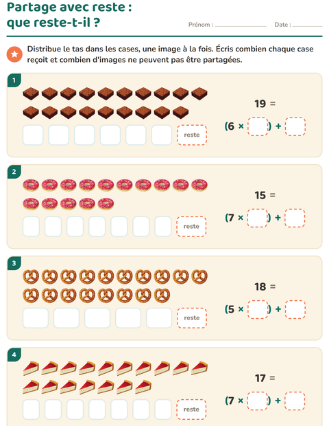 Aperçu de la fiche Division avec reste avec Boulangerie pour CE2 (cours élémentaire 2)