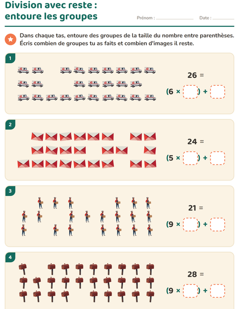 Aperçu de la fiche Division avec reste avec Bureau de poste pour CE2 (cours élémentaire 2)
