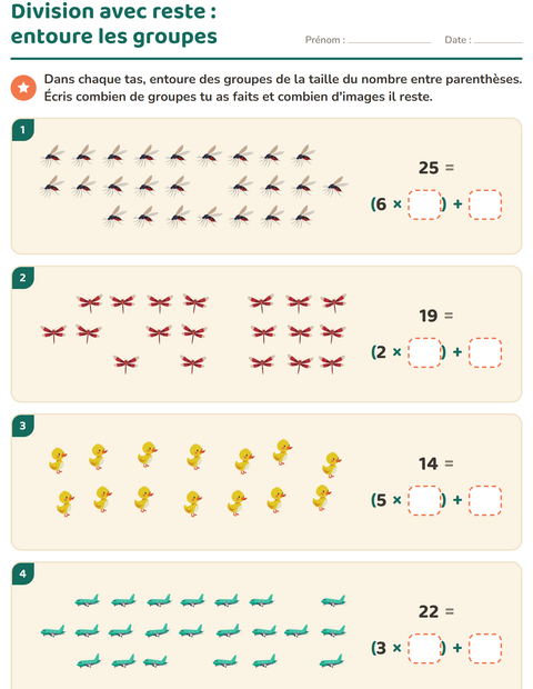 Aperçu de la fiche Division avec reste avec Choses qui volent pour CE2 (cours élémentaire 2)