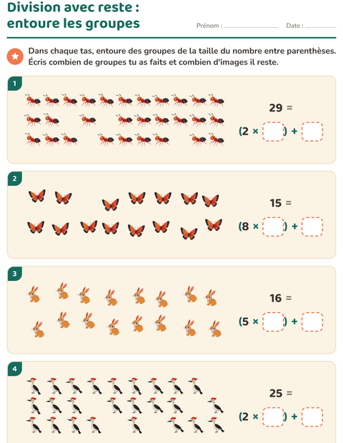 Aperçu de la fiche Division avec reste avec Créatures de la forêt pour CE2 (cours élémentaire 2)