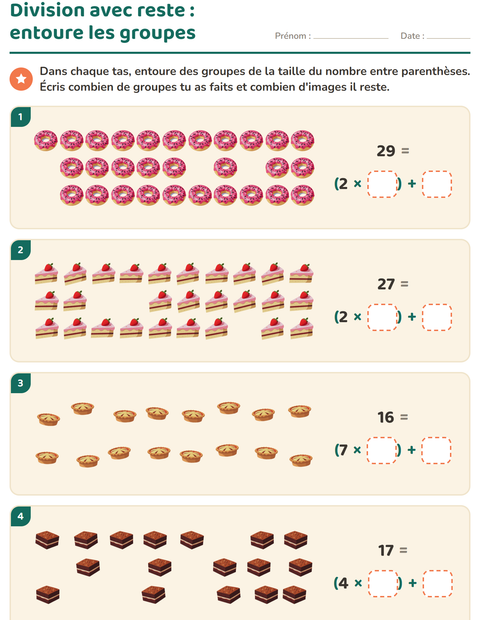 Aperçu de la fiche Division avec reste avec Desserts et sucreries pour CE2 (cours élémentaire 2)