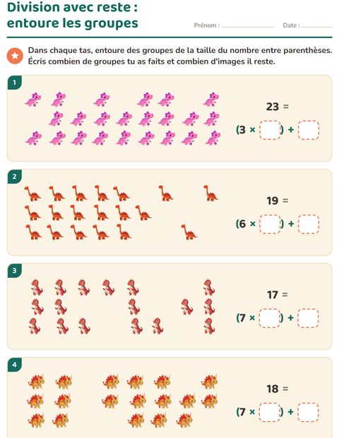 Aperçu de la fiche Division avec reste avec Dinosaures pour CE2 (cours élémentaire 2)