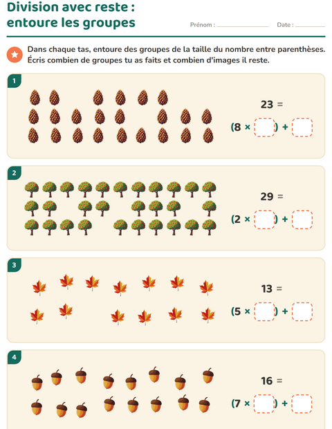 Aperçu de la fiche Division avec reste avec Divers pour CE2 (cours élémentaire 2)