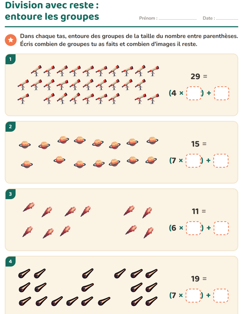 Aperçu de la fiche Division avec reste avec Espace pour CE2 (cours élémentaire 2)
