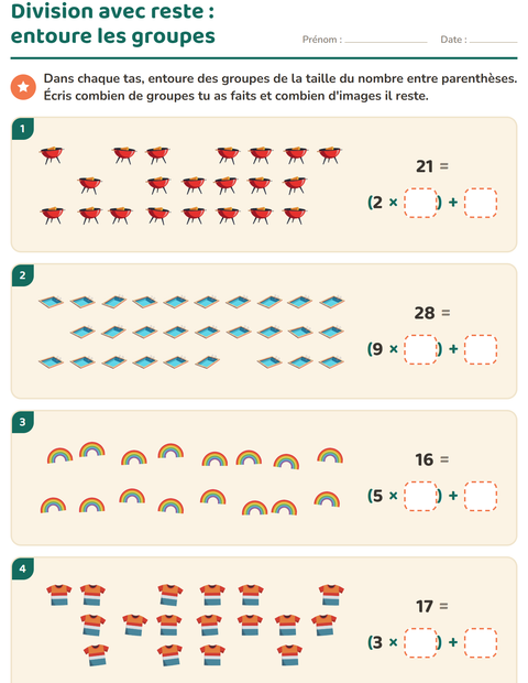 Aperçu de la fiche Division avec reste avec Été pour CE2 (cours élémentaire 2)