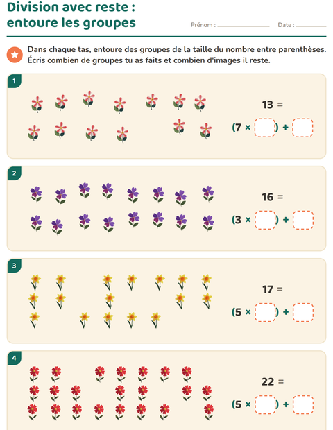 Aperçu de la fiche Division avec reste avec Fleurs pour CE2 (cours élémentaire 2)
