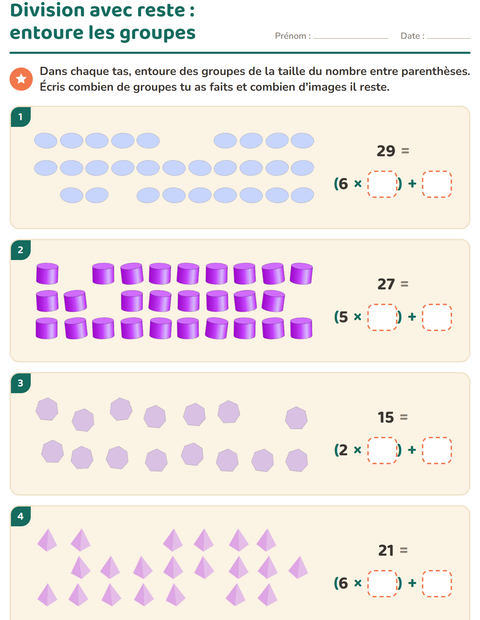 Aperçu de la fiche Division avec reste avec Formes pour CE2 (cours élémentaire 2)
