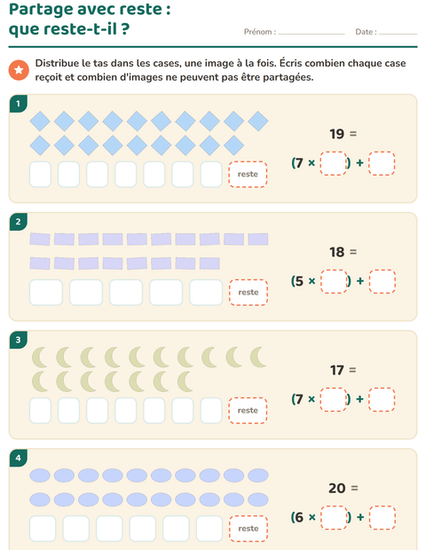 Aperçu de la fiche Division avec reste avec Formes pour CE2 (cours élémentaire 2)