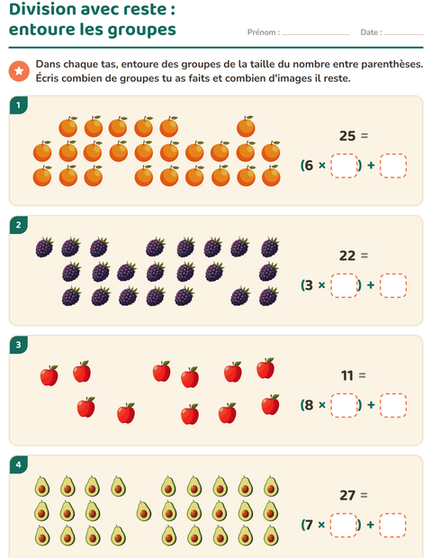Aperçu de la fiche Division avec reste avec Fruits pour CE2 (cours élémentaire 2)