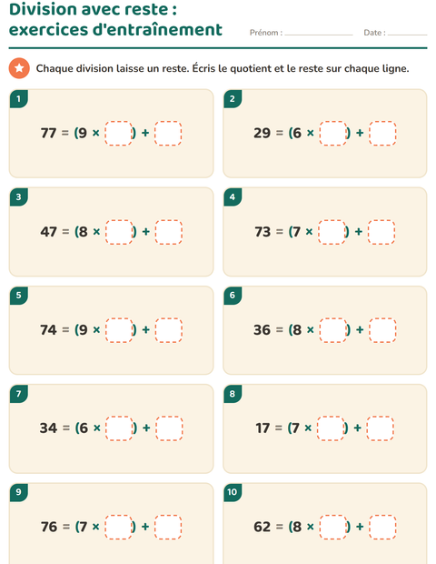 Aperçu de la fiche Division avec reste pour CE2 (cours élémentaire 2)