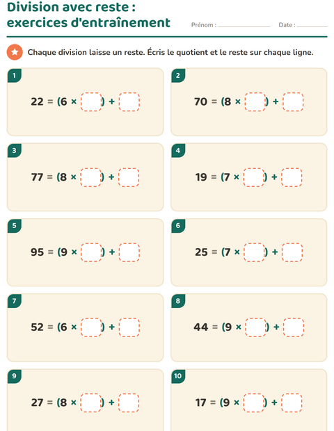 Aperçu de la fiche Division avec reste pour CE2 (cours élémentaire 2)