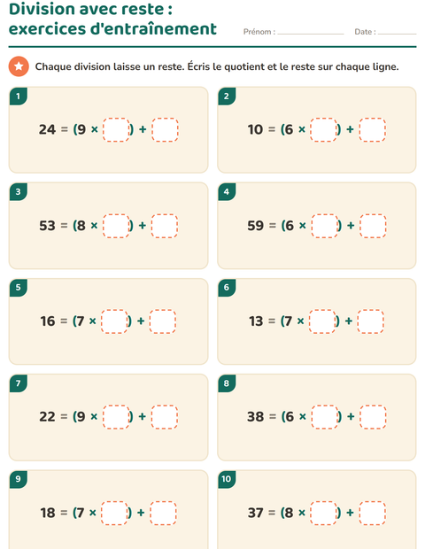 Aperçu de la fiche Division avec reste pour CE2 (cours élémentaire 2)