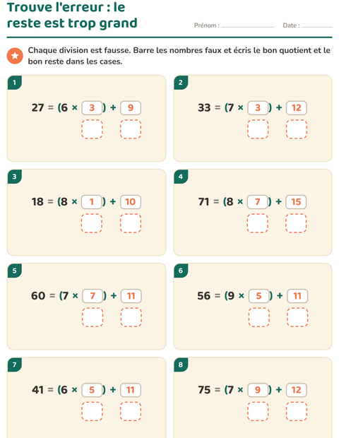 Aperçu de la fiche Division avec reste pour CE2 (cours élémentaire 2)