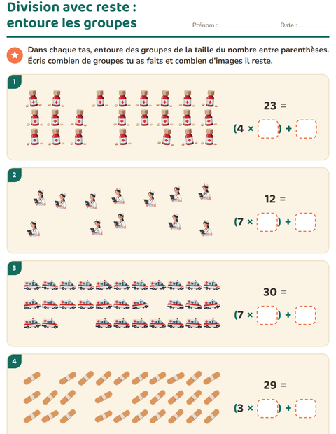 Aperçu de la fiche Division avec reste avec Hôpital pour CE2 (cours élémentaire 2)