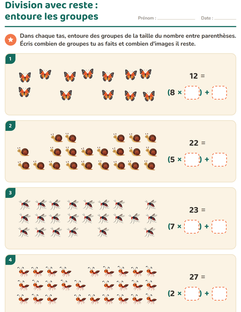 Aperçu de la fiche Division avec reste avec Insectes et bestioles pour CE2 (cours élémentaire 2)