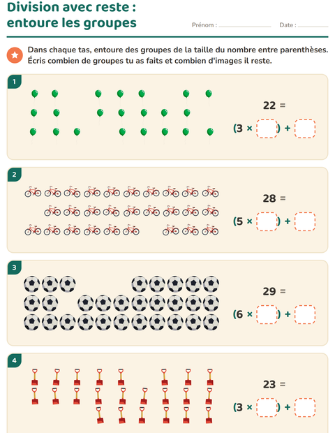 Aperçu de la fiche Division avec reste avec Jouets pour CE2 (cours élémentaire 2)