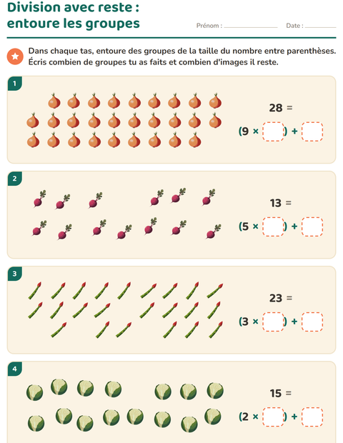 Aperçu de la fiche Division avec reste avec Légumes pour CE2 (cours élémentaire 2)