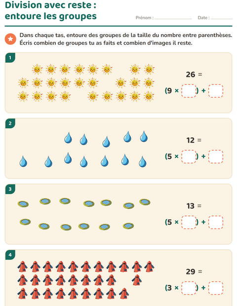 Aperçu de la fiche Division avec reste avec Météo pour CE2 (cours élémentaire 2)