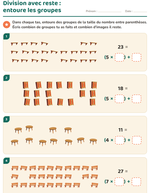 Aperçu de la fiche Division avec reste avec Meubles pour CE2 (cours élémentaire 2)