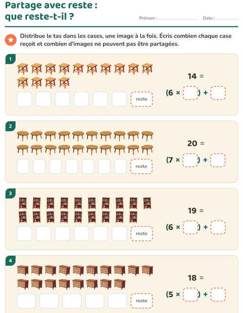 Aperçu de la fiche Division avec reste avec Meubles pour CE2 (cours élémentaire 2)