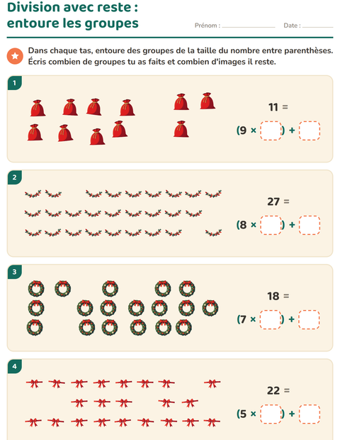 Aperçu de la fiche Division avec reste avec Noël pour CE2 (cours élémentaire 2)